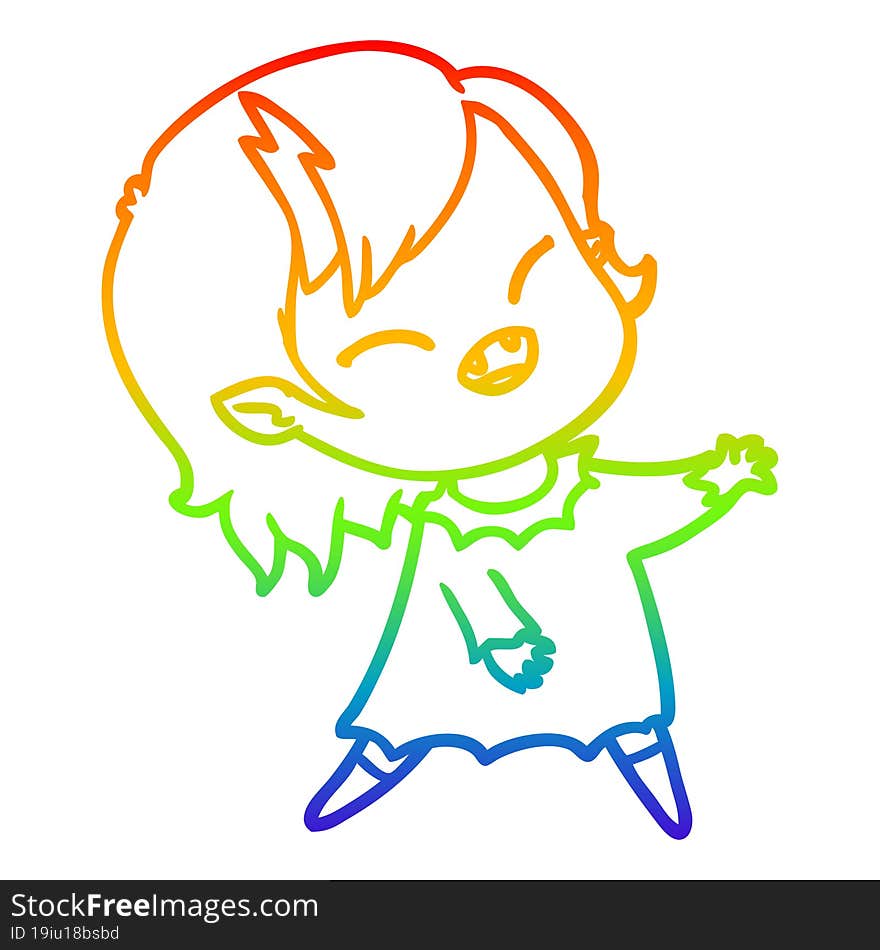 rainbow gradient line drawing of a cartoon laughing vampire girl