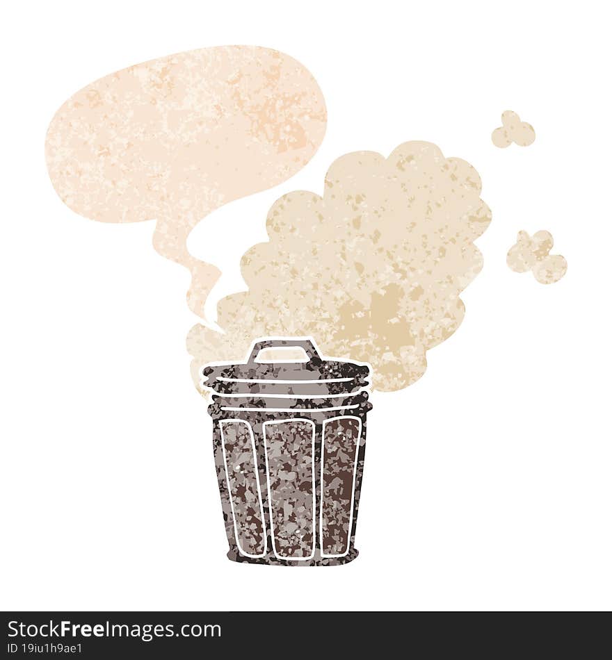 cartoon stinky garbage can and speech bubble in retro textured style