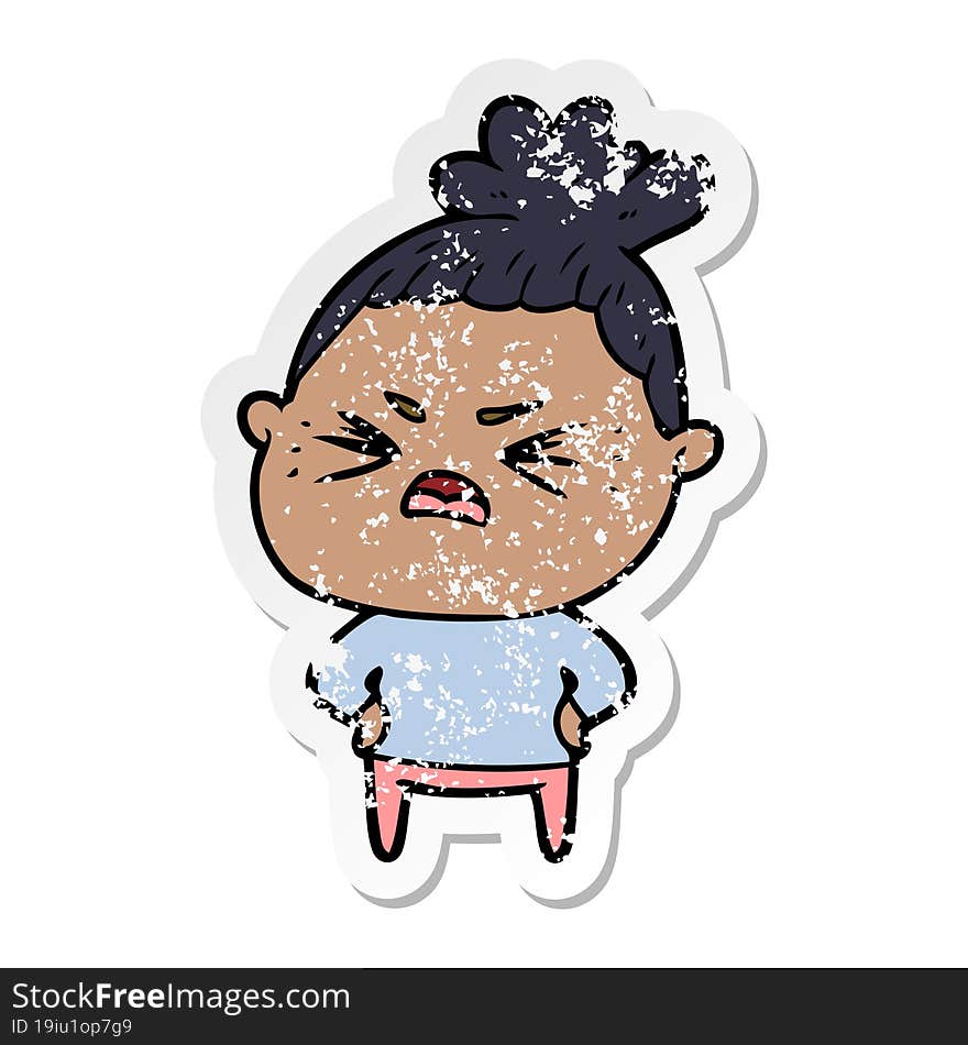 distressed sticker of a cartoon angry woman