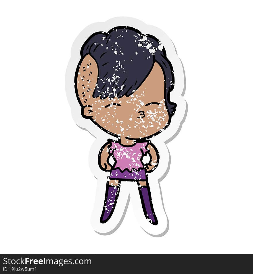 distressed sticker of a cartoon squinting girl