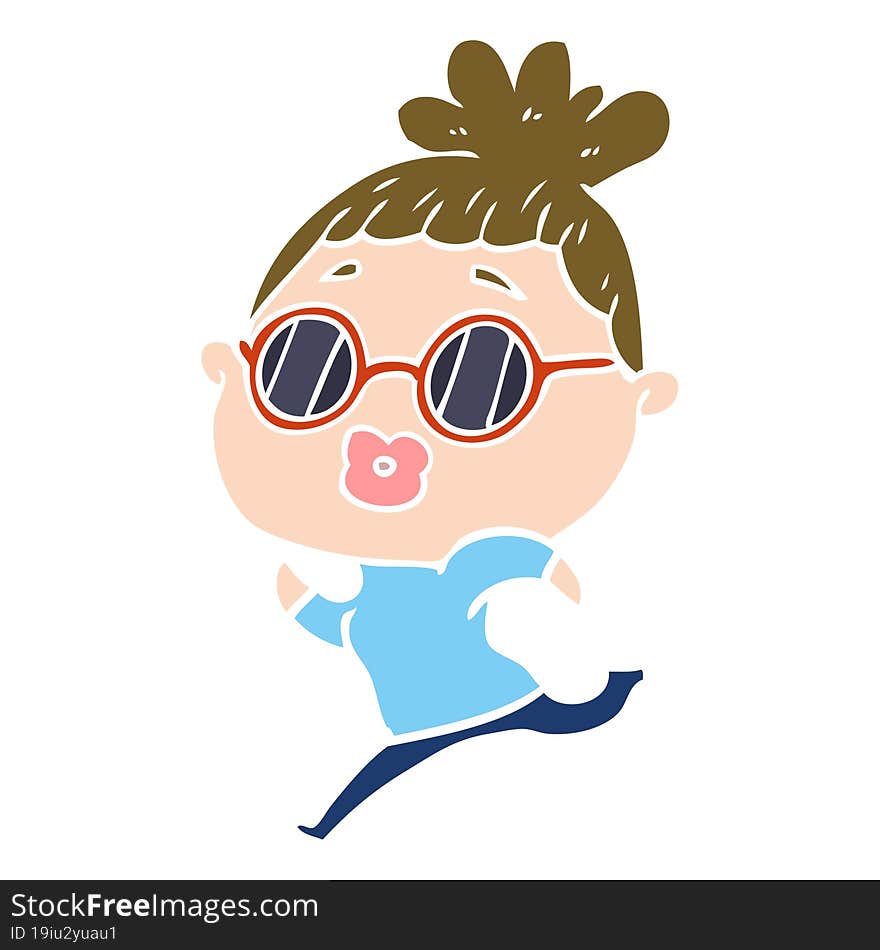 Flat Color Style Cartoon Woman Running Wearing Sunglasses