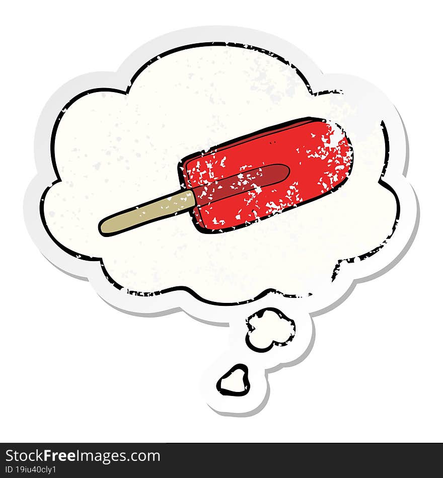 cartoon ice lolly and thought bubble as a distressed worn sticker