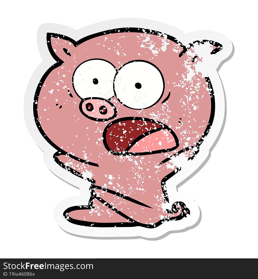 distressed sticker of a shocked cartoon pig sitting down