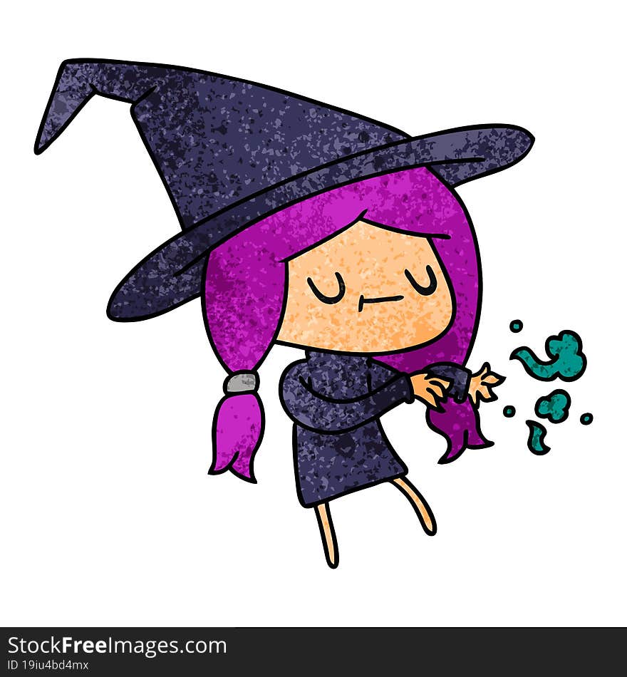 textured cartoon of cute kawaii witch