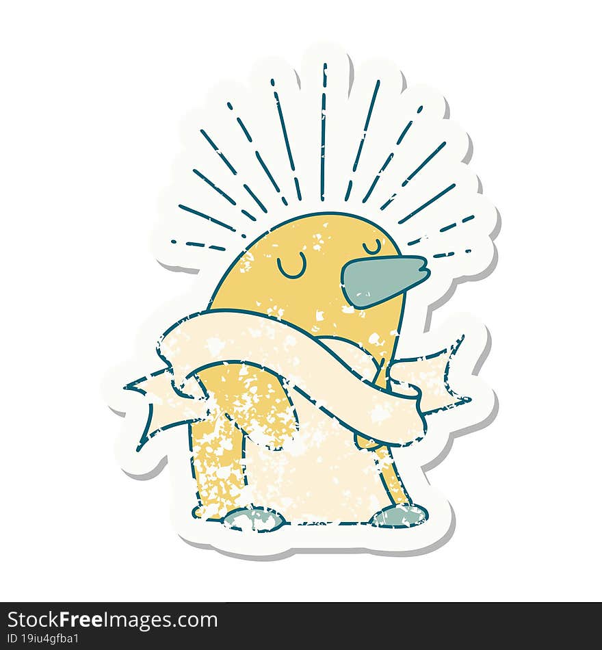 grunge sticker of tattoo style happy penguin