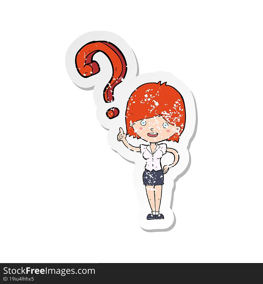 retro distressed sticker of a cartoon woman asking question