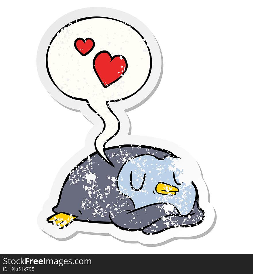 cartoon penguin and love hearts and speech bubble distressed sticker