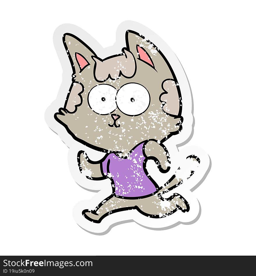 distressed sticker of a happy cartoon cat jogging