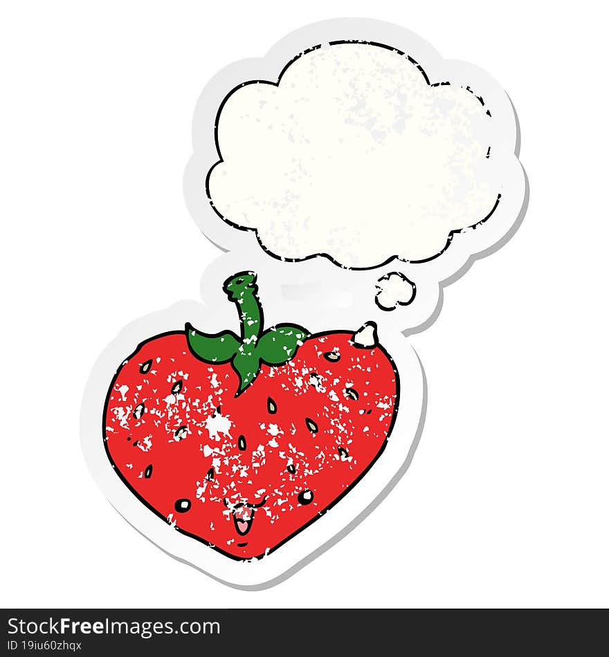 cartoon strawberry and thought bubble as a distressed worn sticker