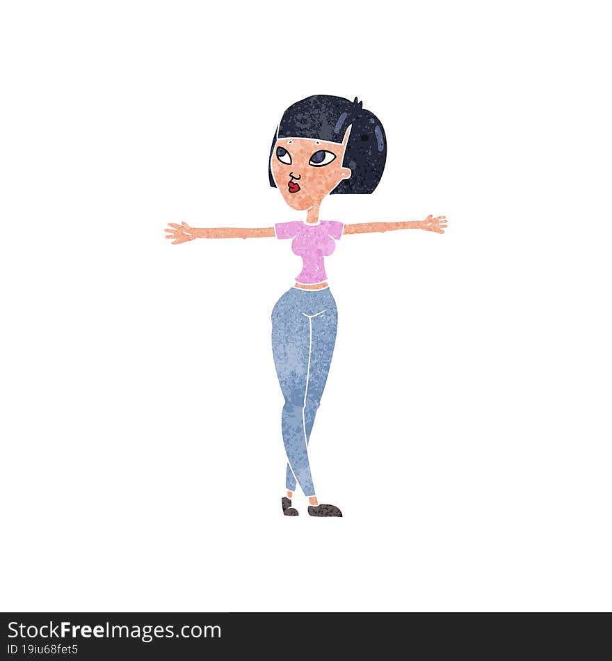 retro cartoon woman spreading arms