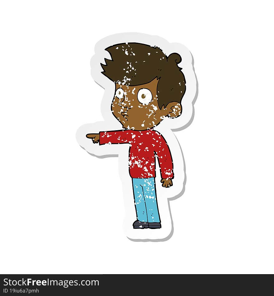 retro distressed sticker of a cartoon pointing boy