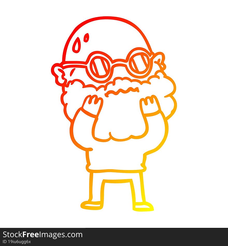 warm gradient line drawing of a cartoon worried man with beard and spectacles