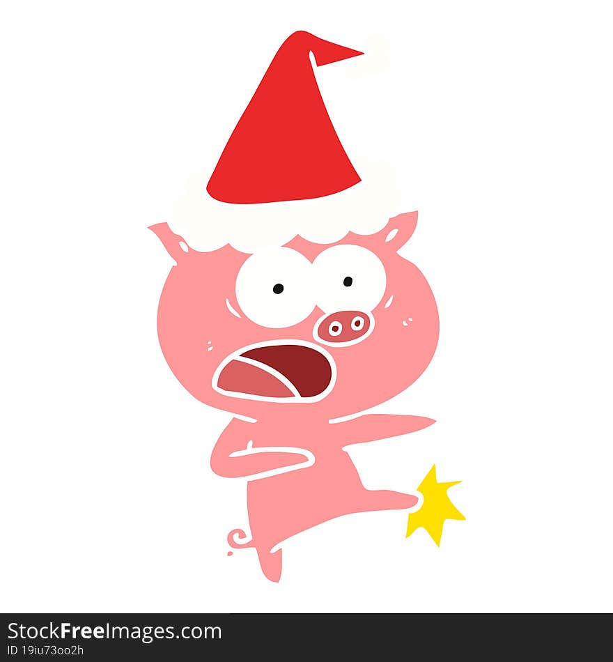 hand drawn flat color illustration of a pig shouting and kicking wearing santa hat