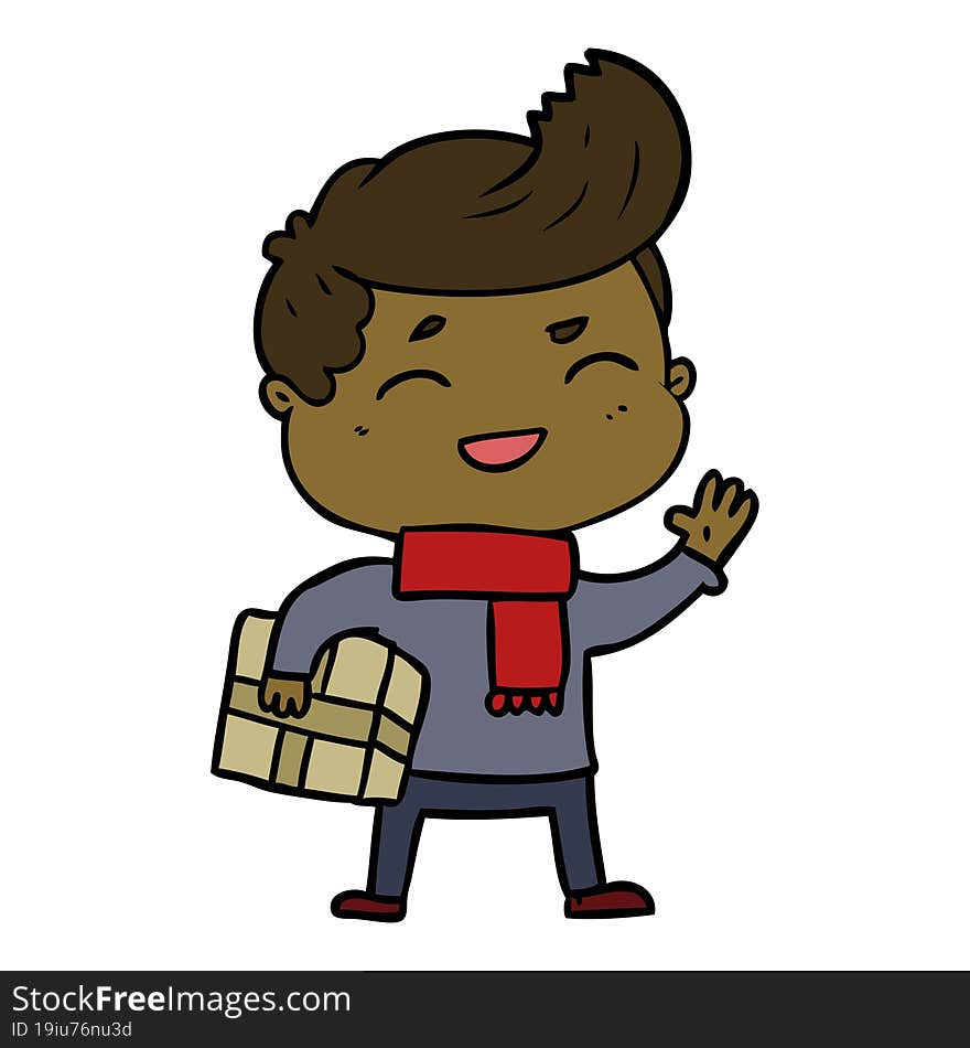 cartoon man laughing carrying parcel. cartoon man laughing carrying parcel