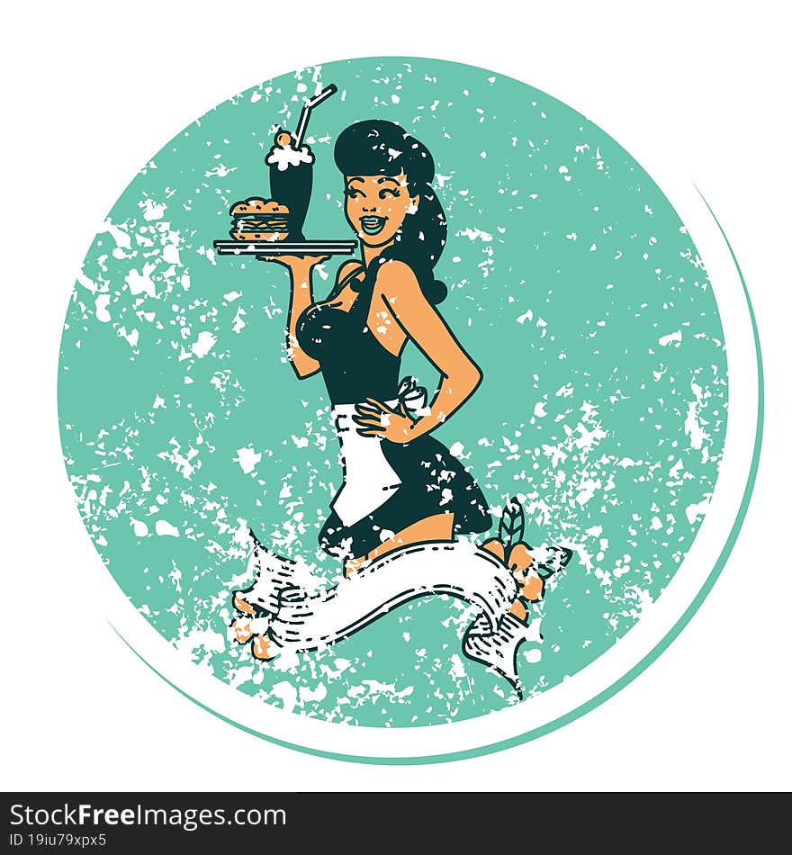 distressed sticker tattoo style icon of a pinup waitress girl with banner