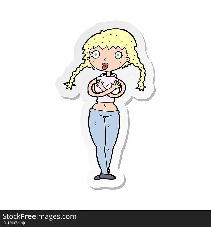 sticker of a cartoon offended woman covering herself