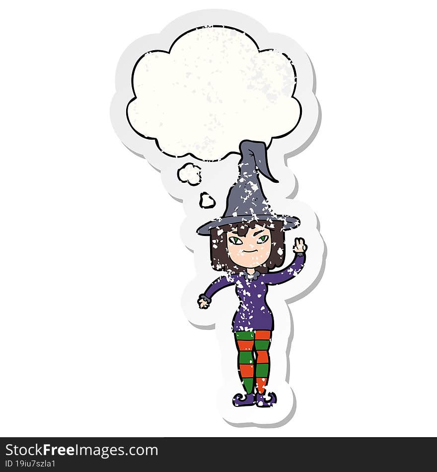 cartoon witch with thought bubble as a distressed worn sticker