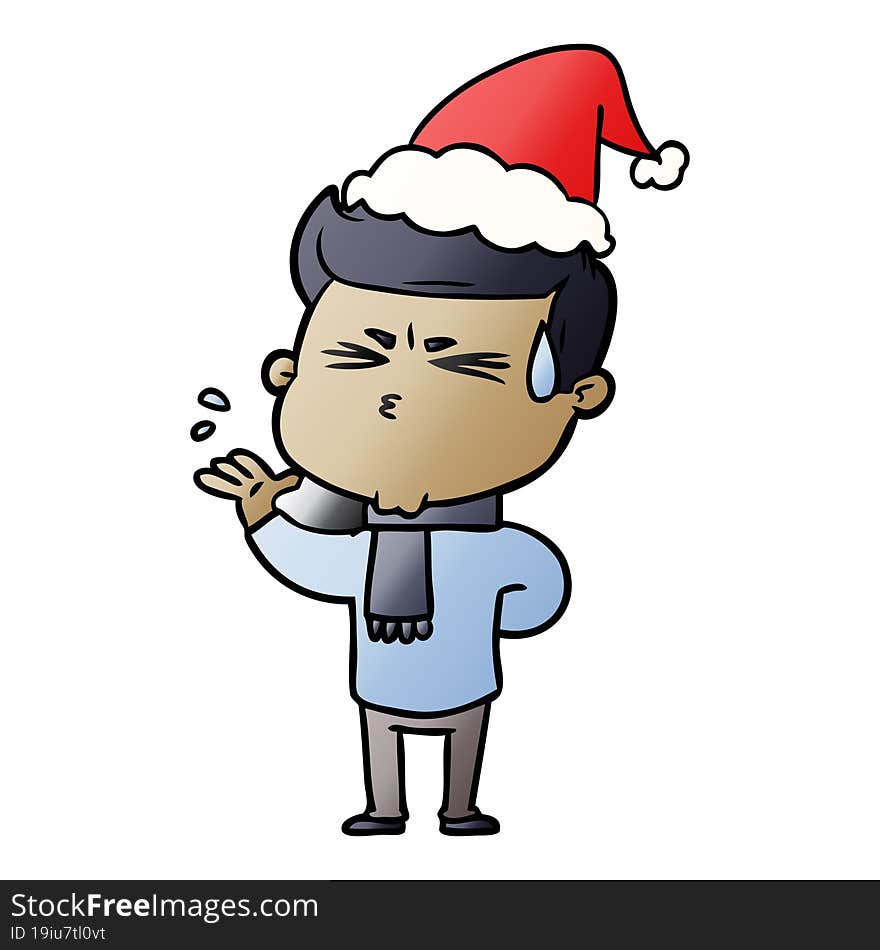 gradient cartoon of a man sweating wearing santa hat