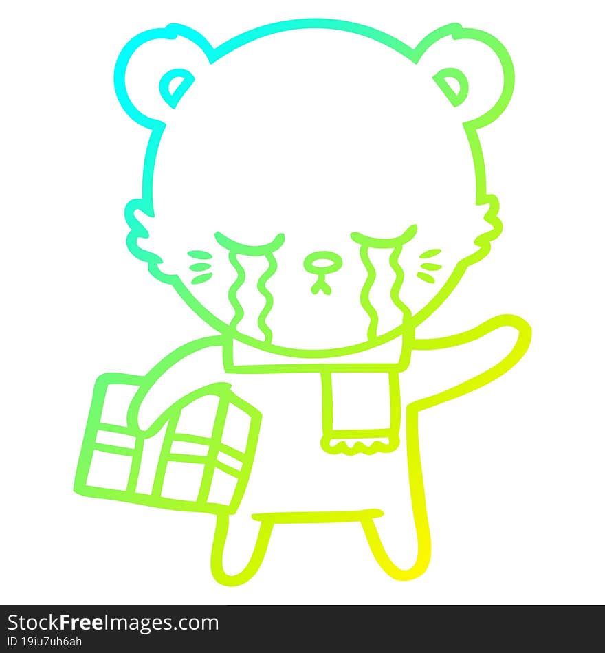 cold gradient line drawing crying cartoon bear with present