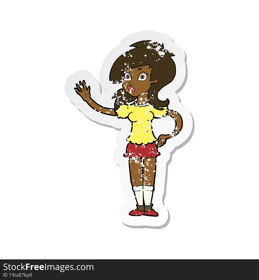 Retro Distressed Sticker Of A Cartoon Pretty Woman Waving For Attention