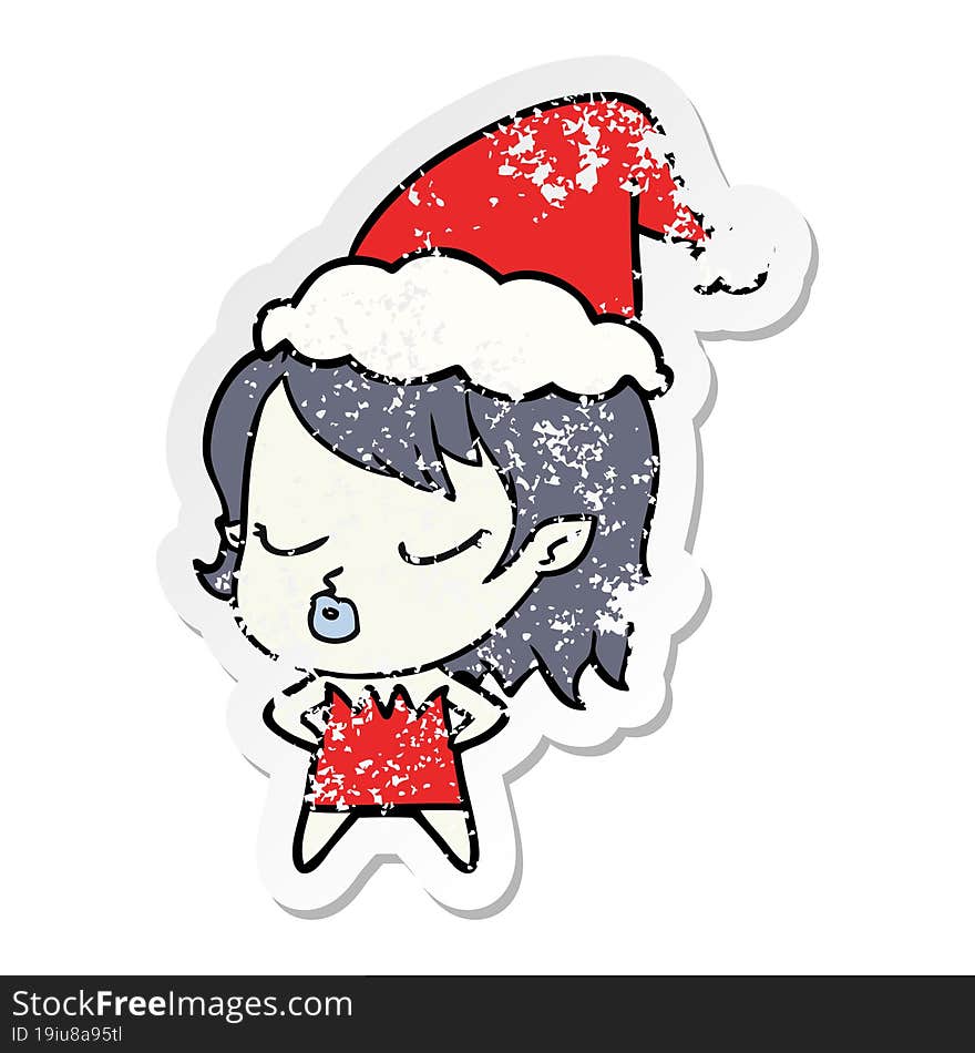 Cute Distressed Sticker Cartoon Of A Vampire Girl Wearing Santa Hat