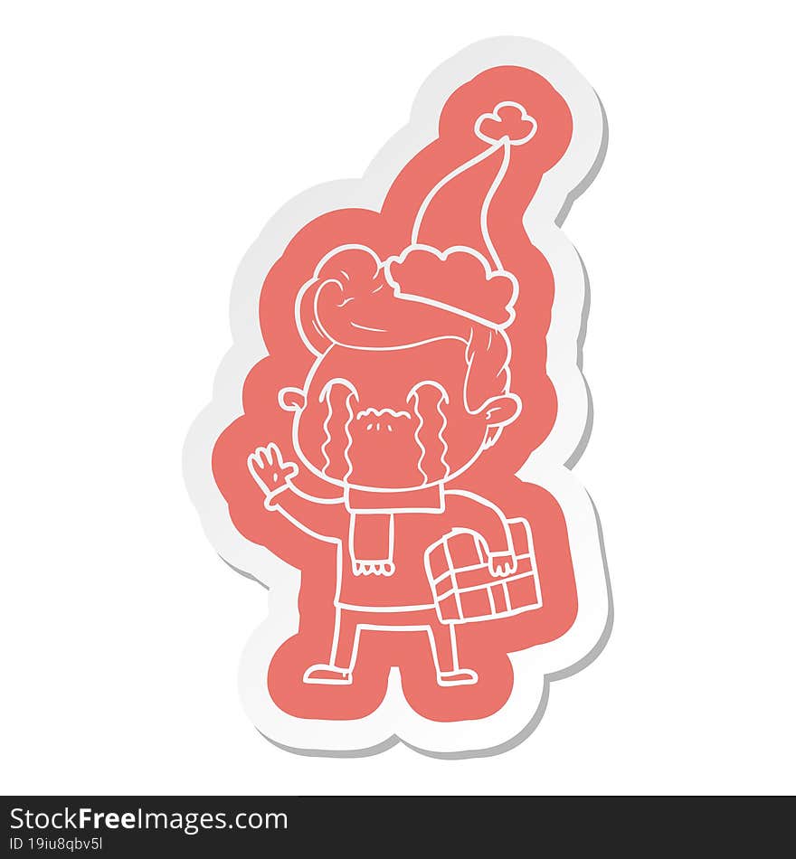 cartoon  sticker of a man crying wearing santa hat