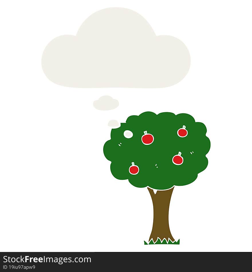 Cartoon Apple Tree And Thought Bubble In Retro Style