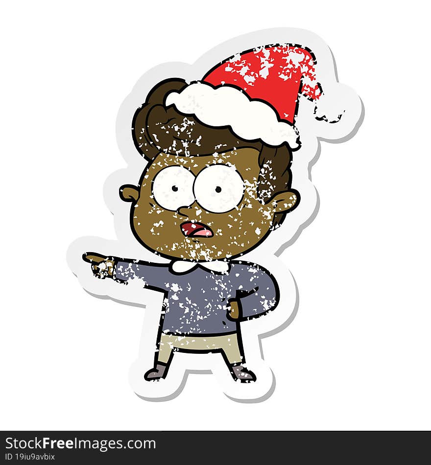 Distressed Sticker Cartoon Of A Staring Man Wearing Santa Hat