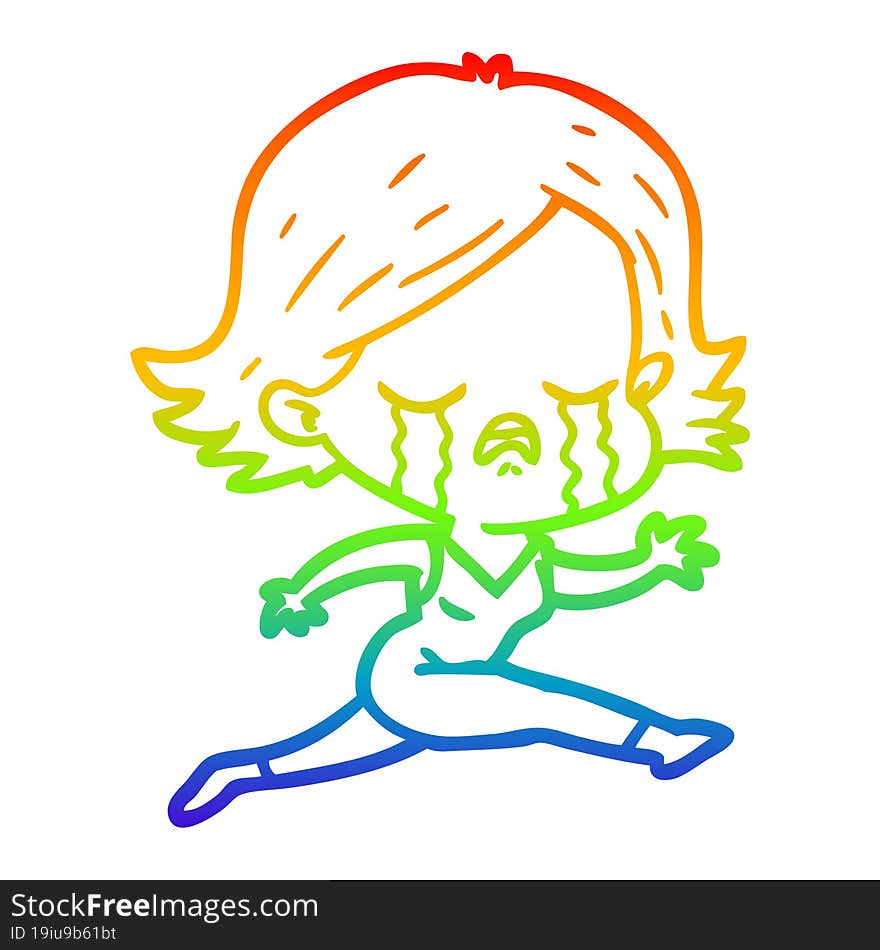 Rainbow Gradient Line Drawing Cartoon Girl Crying Whilst Running