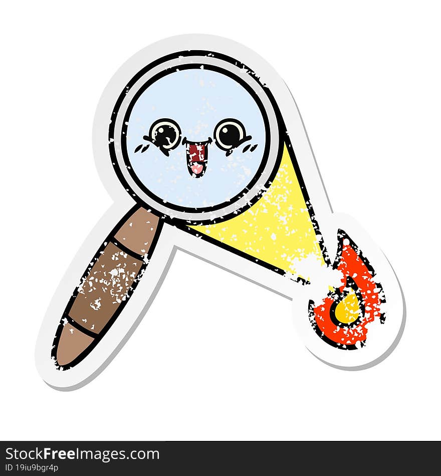 distressed sticker of a cute cartoon magnifying glass