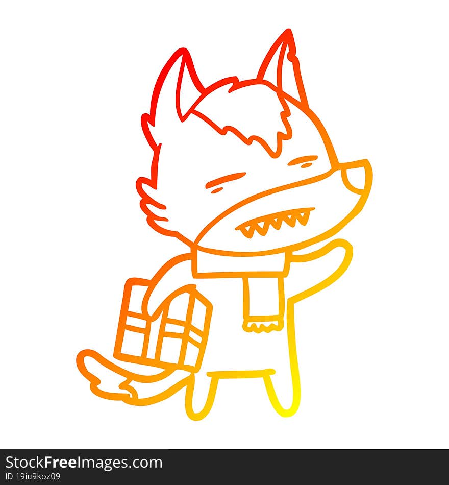 warm gradient line drawing of a cartoon wolf with a gift