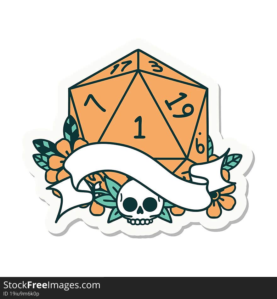 sticker of a natural one d20 dice roll. sticker of a natural one d20 dice roll