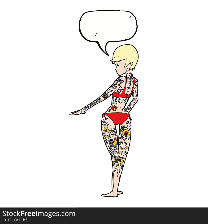 cartoon bikini girl covered in tattoos with speech bubble