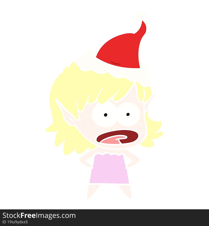 flat color illustration of a shocked elf girl wearing santa hat