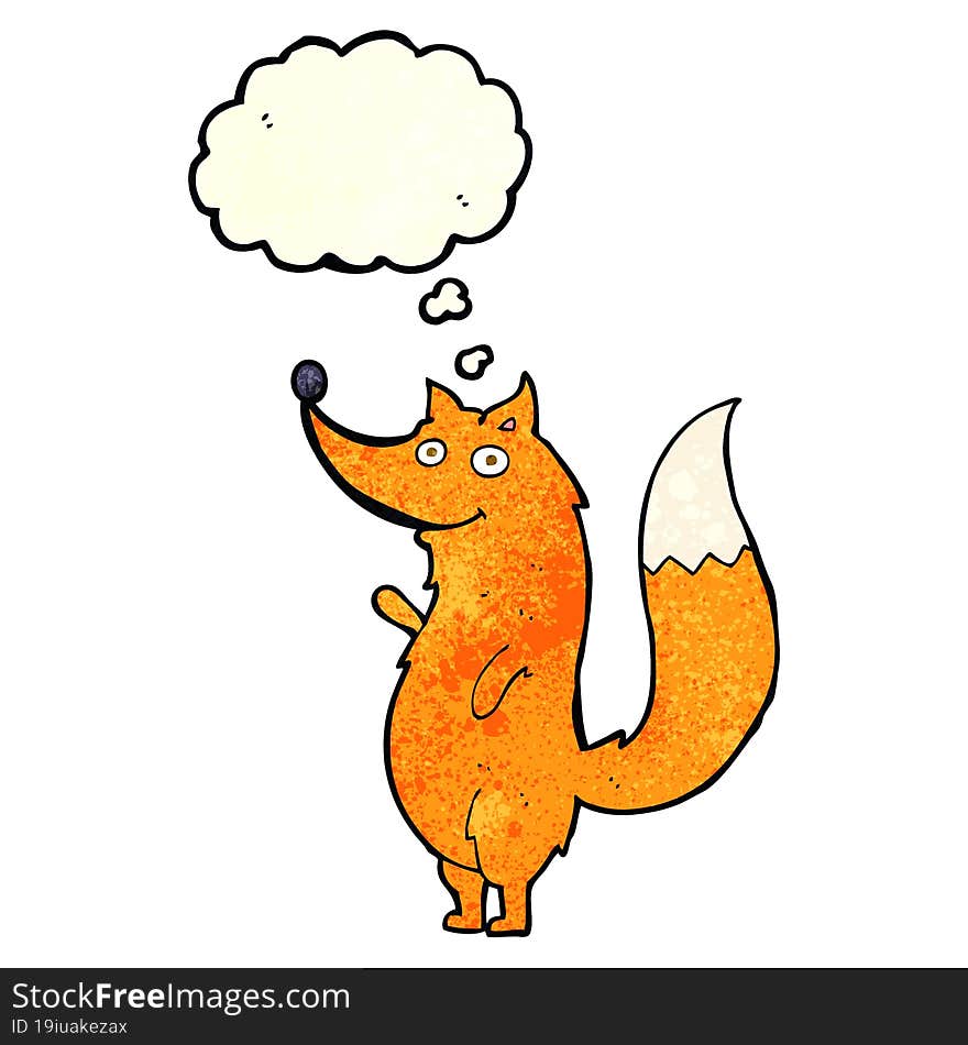 cartoon waving fox with thought bubble