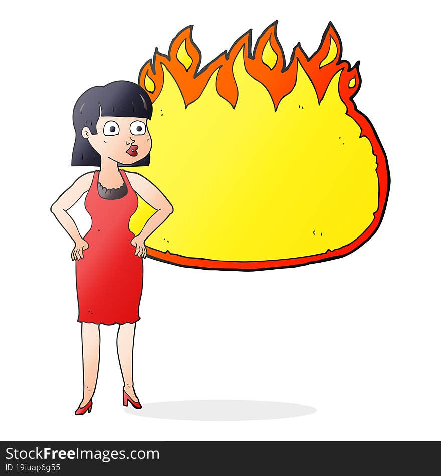 freehand drawn cartoon woman in dress with hands on hips and flame banner