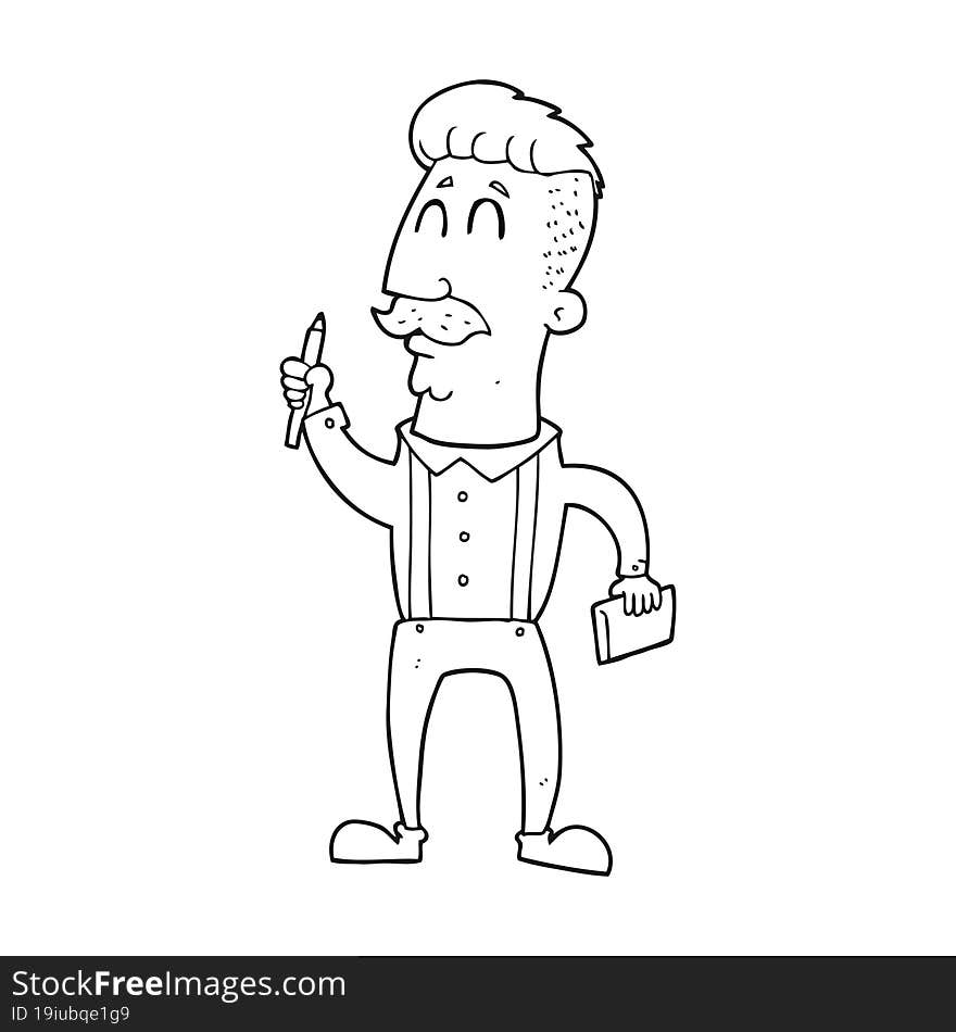 black and white cartoon man with notebook