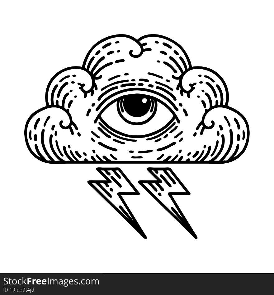 tattoo in black line style of an all seeing eye cloud. tattoo in black line style of an all seeing eye cloud