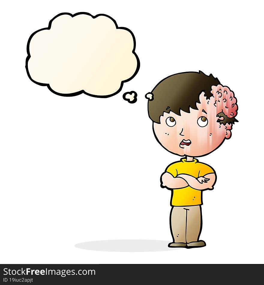 cartoon boy with growth on head with thought bubble