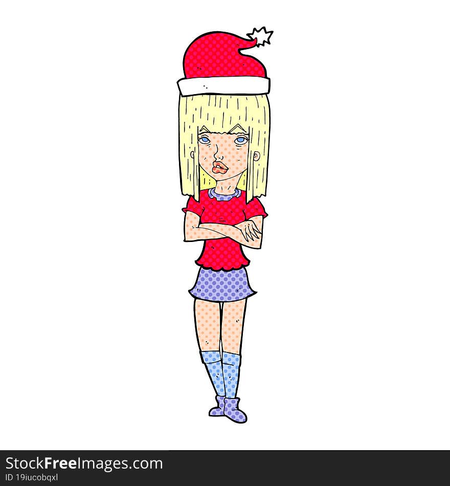 cartoon woman in christmas hat with folded arms