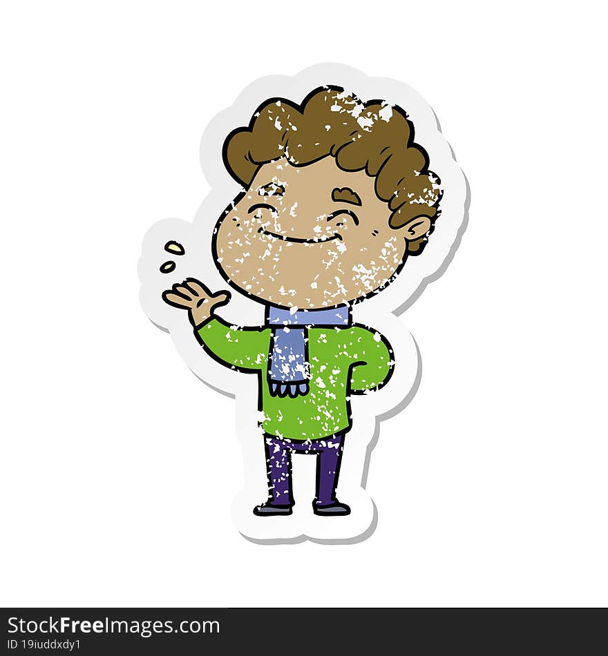 distressed sticker of a cartoon friendly man