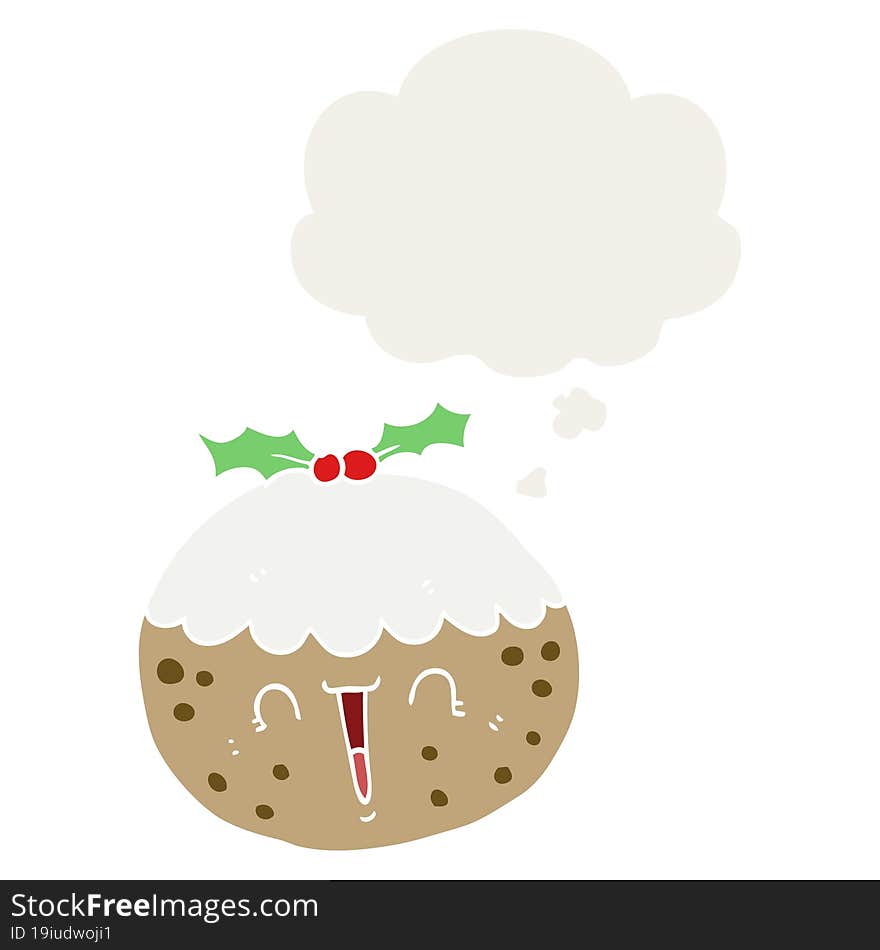 cute cartoon christmas pudding and thought bubble in retro style