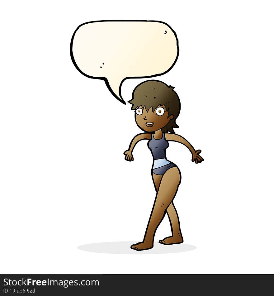 cartoon happy woman in swimming costume with speech bubble