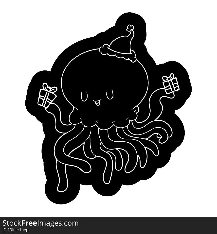 quirky cartoon icon of a jellyfish in love wearing santa hat