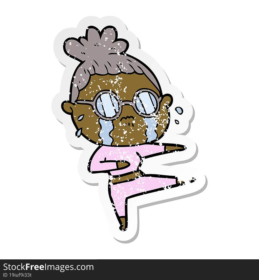 distressed sticker of a cartoon crying woman wearing spectacles