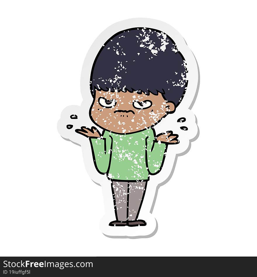 distressed sticker of a annoyed cartoon boy