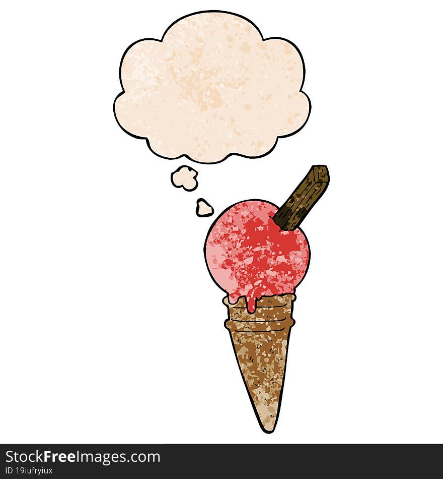 cartoon ice cream and thought bubble in grunge texture pattern style