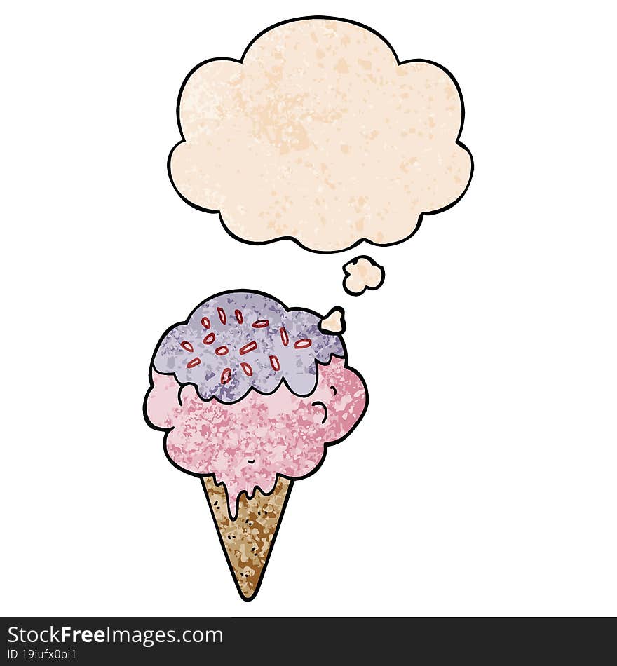 cartoon ice cream and thought bubble in grunge texture pattern style