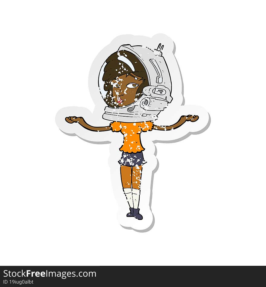 retro distressed sticker of a cartoon woman wearing space helmet