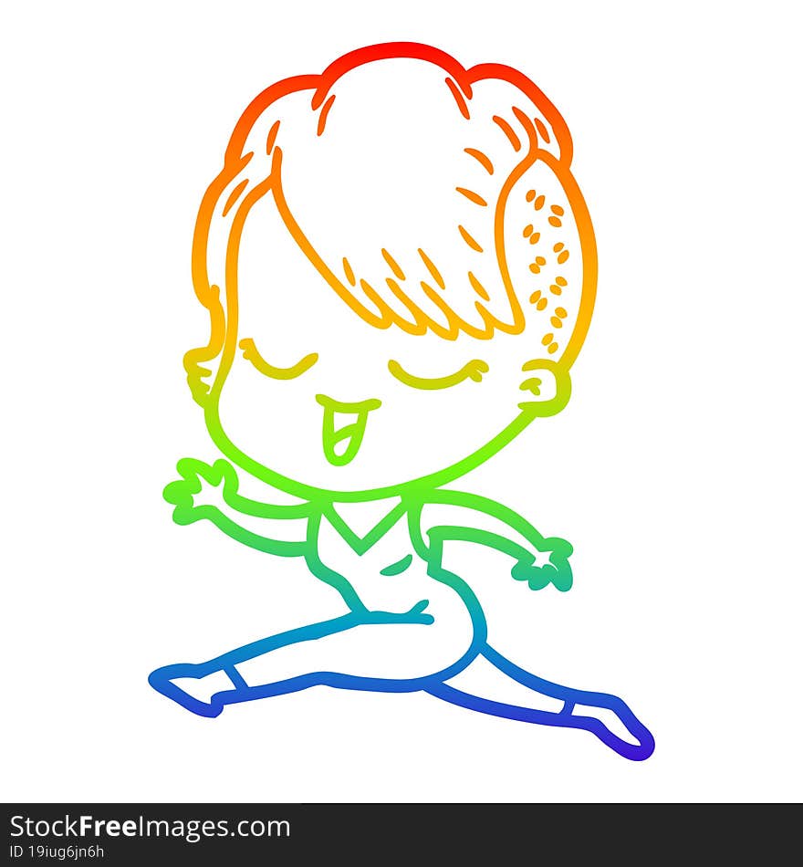 rainbow gradient line drawing happy cartoon girl running